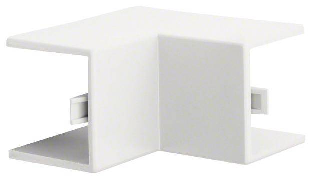 Raccord d'angle en plastique blanc, rectangulaire avec deux fentes ouvertes pour la connexion de goulottes de câbles. Idéal pour les angles droits.
