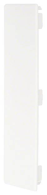 Une bande de plastique blanche rectangulaire aux coins arrondis, avec des clips de fixation sur l'arrière.