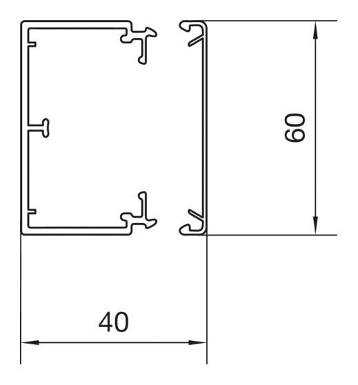 Dessin technique d'un profilé en aluminium en coupe transversale. Forme rectangulaire avec structures de crochets et de rainures. Dimensions : 60 mm de hauteur, 40 mm de largeur.
