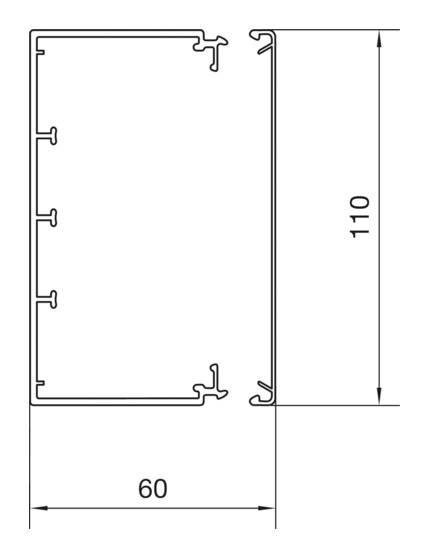 Dessin technique d'un profilé rectangulaire. Dimensions : largeur 60 mm, hauteur 110 mm. Le profil présente des encoches sur les côtés.