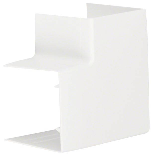 Raccord d'angle blanc en plastique pour goulottes de câbles, de forme rectangulaire, utilisé pour guider les câbles autour des angles.