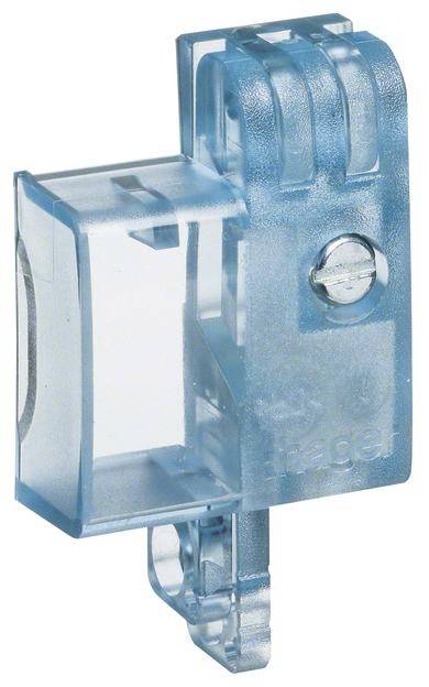 Petite support en plastique bleu transparent avec un couvercle à vis métallique, probablement destiné à des applications électriques ou mécaniques.
