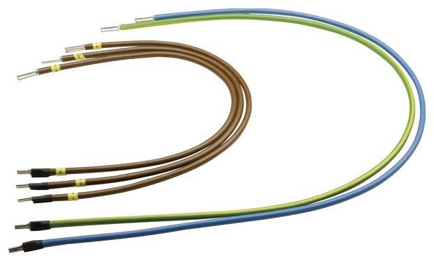 Plusieurs fils électriques de couleurs marron, bleu et vert-jaune, munis de connecteurs à leurs extrémités, de longueurs différentes et disposés en courbes.