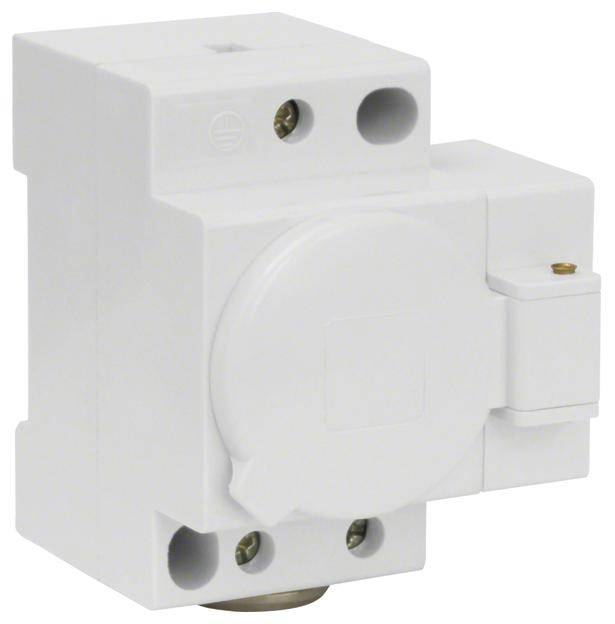 Un disjoncteur blanc à couverture ronde, adapté au montage sur rail DIN dans les boîtes de distribution électriques.