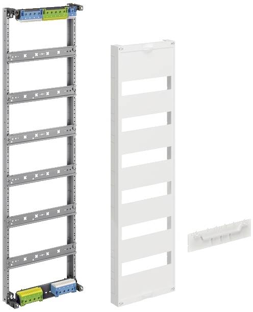 Châssis de distribution électrique vide avec plusieurs rails et bornes de connexion, à côté d'un couvercle blanc avec des ouvertures.