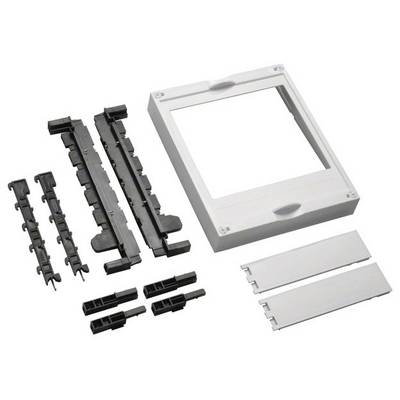 Kit de montage comprenant divers éléments en plastique noir et gris pour l'installation, dont la pièce principale est un cadre rectangulaire.