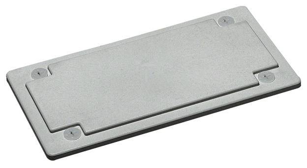 Plaque de métal rectangulaire fixée avec quatre vis aux coins. Elle sert à protéger ou à couvrir une zone.
