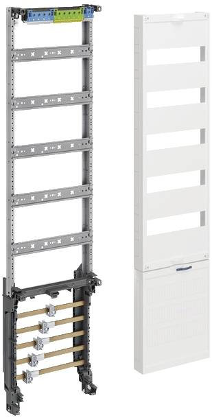 Un cadre de boîte à fusibles ouvert avec des supports et des rails visibles, et un couvercle amovible à droite à côté.