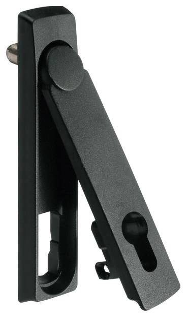 Une charnière ou un support noir en métal, vu de côté, avec deux trous de fixation et un point de rotation.