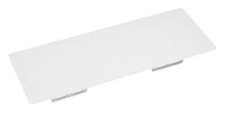Objet blanc rectangulaire avec deux petites fixations visibles en dessous, sur un fond neutre.