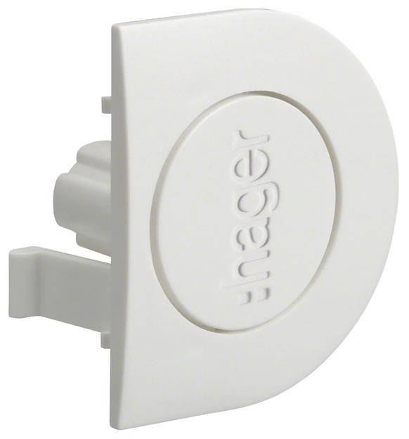 Couvercle blanc et rond portant l'inscription 'hager', conçu pour les installations électriques.