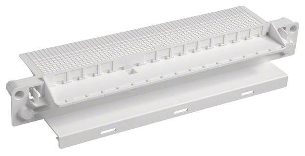 Composant en plastique blanc, rectangulaire, avec surface quadrillée en partie supérieure et trous de fixation sur les côtés, probablement un module technique.