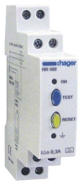 Disjoncteur de Hager avec touches bleue, jaune et rouge pour 'ON', 'TEST' et 'RESET', schéma de câblage latéral visible.