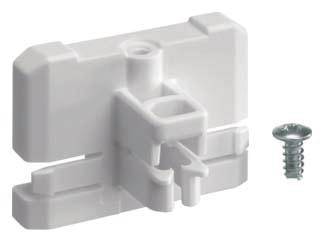 Un socle en plastique blanc avec une ouverture et un mécanisme d'emboîtement, à côté duquel se trouve une petite vis.
