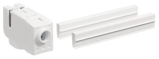 Support en plastique blanc avec deux parties de fixation rectangulaires, adapté pour le montage sur main courante ou plinthes.