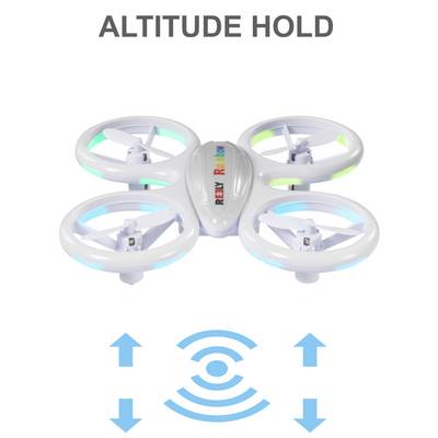 Un drone blanc à quatre rotors flotte dans les airs. Au-dessus de lui, il est inscrit 'ALTITUDE HOLD'. En bas, des symboles de stabilité d'altitude sont affichés.