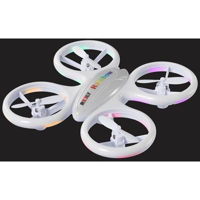 Drone quadricoptère blanc du modèle 'RELY Rainbow' avec des lumières colorées sur les hélices, sur un fond noir.
