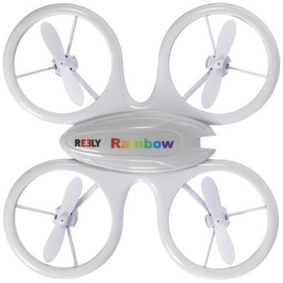 Un drone blanc à quatre hélices, portant la mention 'Reely Rainbow' sur son corps central.