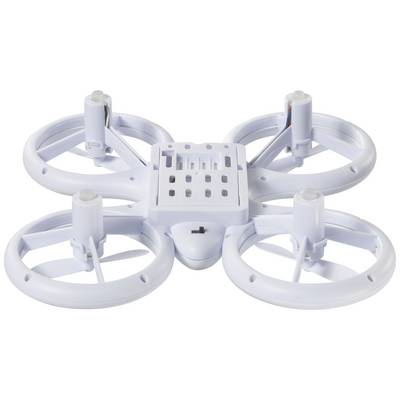 Petit drone blanc à quatre hélices, orienté vers le bas, sur un fond blanc.