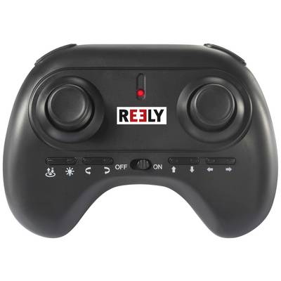 Contrôleur télécommande noir avec deux joysticks, un interrupteur central et un logo 'REELY' au milieu.