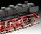 Un modèle détaillé d'une locomotive à vapeur historique avec des roues rouges et une chaudière noire, sur un court tronçon de voie ferrée.