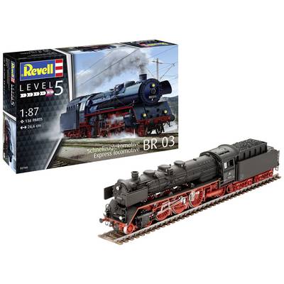 Maquette de la locomotive express 'BR 03' de Revell à l'échelle 1:87. Montre le modèle sur rails et l'emballage avec l'image de la locomotive.