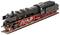 Un modèle à l'échelle d'une locomotive à vapeur noire avec des détails rouges sur les roues et le châssis.