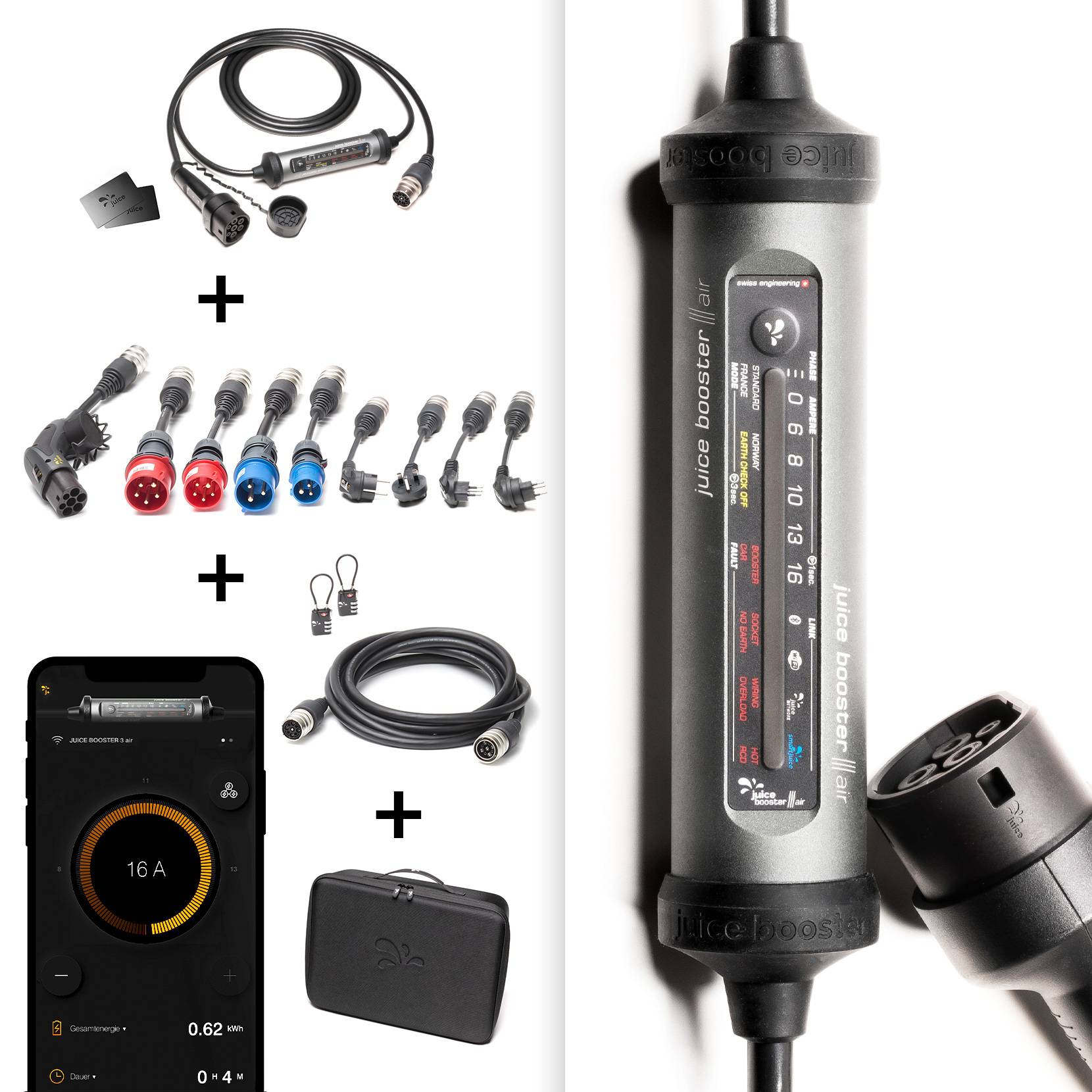 'Chargeur mobile EV avec adaptateur de véhicule, adaptateur de station de charge et câble de charge ; le produit comprend un sac de transport noir.'