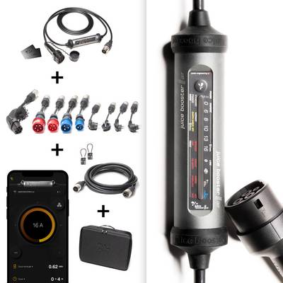 'Chargeur mobile EV avec adaptateur de véhicule, adaptateur de station de charge et câble de charge ; le produit comprend un sac de transport noir.'