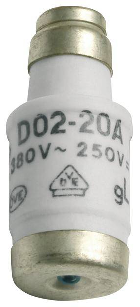 Dispositif de sécurité à vis blanc avec marquage 'D02-20A' et '380V~ 250V='. Embouts de terminaison dorés. Utilisé pour protéger les circuits électriques contre les surcharges.