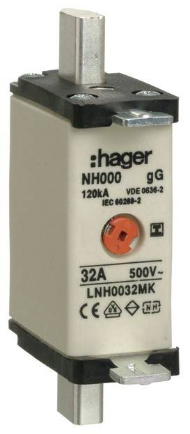 Cartouche-fusible Hager NH000 gG, 32A, 500V. Forme rectangulaire, contacts métalliques en haut et en bas, marquage technique imprimé.