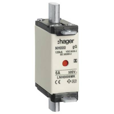 Élément de sécurité, type NH000 de Hager, portant l'inscription '6A 500V', adapté aux applications électriques conformément aux normes IEC et VDE.