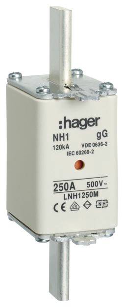 Fusible Hager, type NH1, 250A, 500V avec marquage IEC 60269-2.