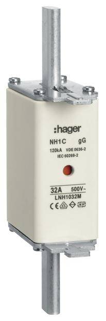 Un fusible Hager NH1 de 32A, adapté pour 500V. Bornes métalliques en haut et en bas. Boîtier en plastique blanc.