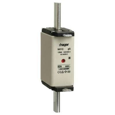 Fusible NH1C de Hager, 80A, 500V, type gG, conformément aux normes VDE 0636-2 et IEC 60269-2, de forme rectangulaire.
