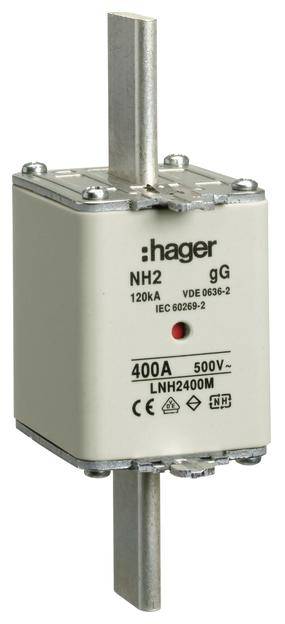 Un fusible NH de Hager, type NH2, 120kA, 400A, 500V, certifié CE et TÜV. Adapté aux applications électriques industrielles.