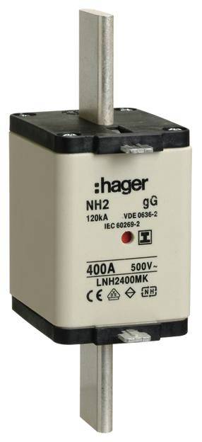 Fusible NH électrique Hager, modèle LNH2400MK, spécifié pour 400A et 500V. De forme rectangulaire avec des contacts métalliques aux deux extrémités.