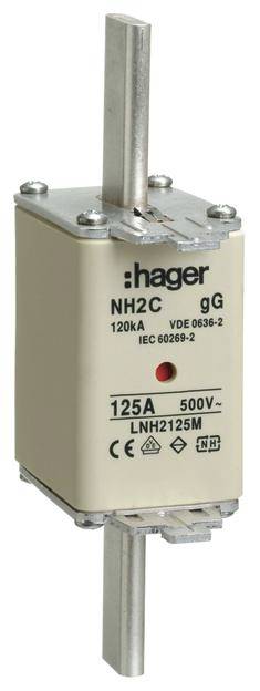 Fusible NH avec l'inscription 'hager NH2C gG 120kA VDE 0636-2 IEC 60269-2 125A 500V LNH2125M'.