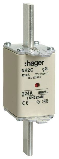 Figure d'un fusible NH de Hager portant l'inscription 'NH2C gG', adapté pour 224A et 500V, courant nominal de 120kA.