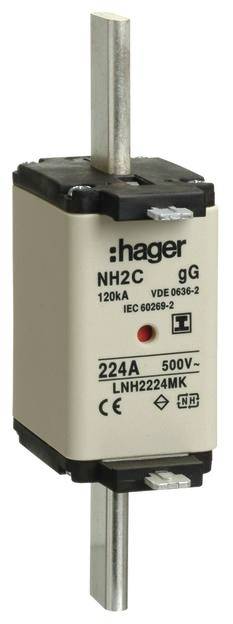 'Fusible de type Hager NH2C gG, 500V, 224A, 120kA, Normes VDE 0636-2, IEC 60269-2, avec marquage CE.'