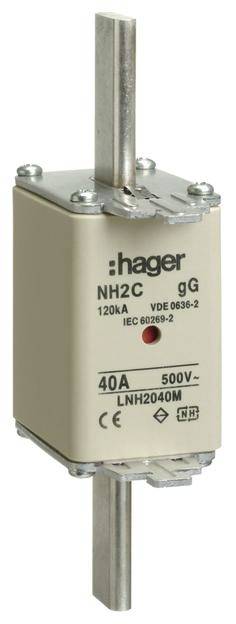 Fusible de Hager, modèle NH2C, 40A, 500V, avec marquages de sécurité et de normes.