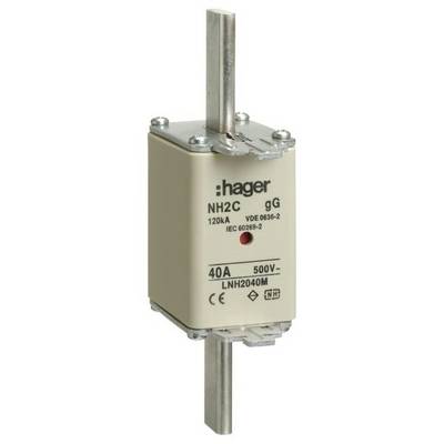 Fusible de Hager, modèle NH2C, 40A, 500V, avec marquages de sécurité et de normes.
