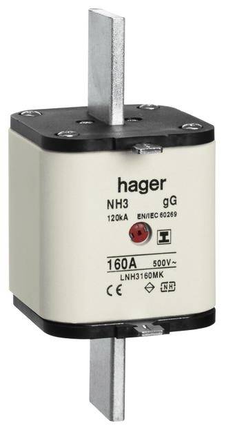 Un fusible NH3 de marque Hager avec un courant nominal de 160A et une tension nominale de 500V. Conforme à la norme EN/IEC 60269.