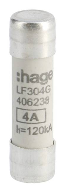 Fusible avec l'inscription 'hager LF304G 406238 4A l=120kA', adapté aux appareils électriques d'une intensité de courant allant jusqu'à 4 ampères.