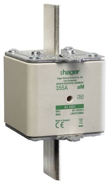 Fusible électrique Hager de 355 A et 690 V, adapté aux supports NH3, fabriqué en Hongrie.