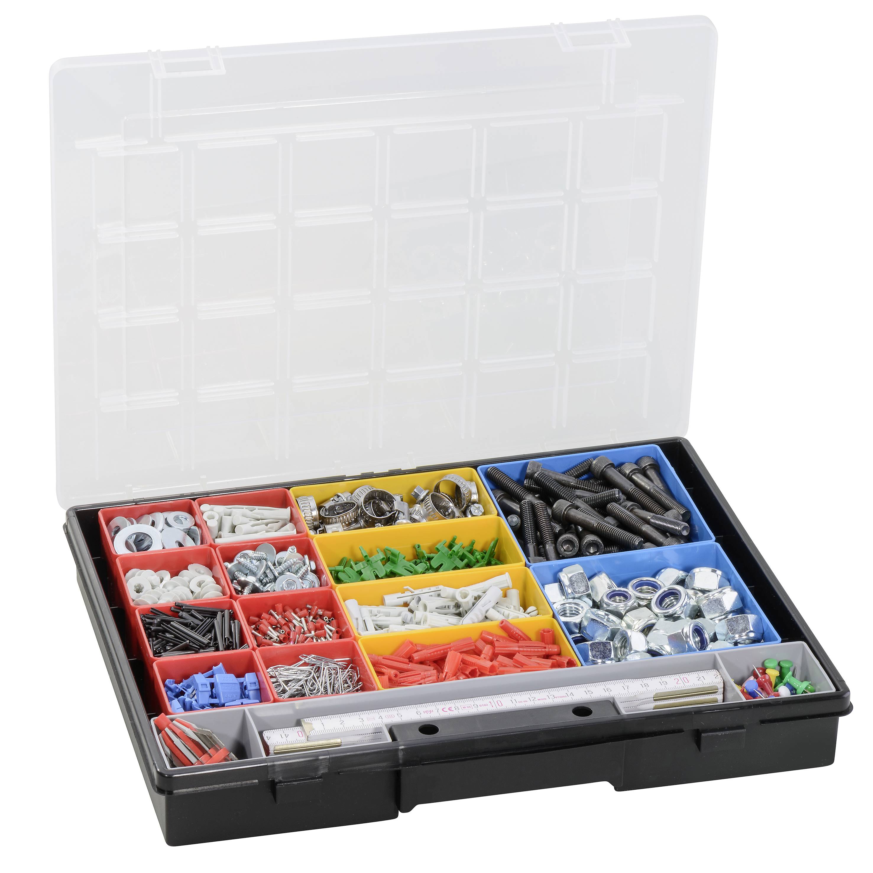 Une boîte de rangement ouverte avec différentes vis, écrous et chevilles répartis dans des compartiments triés par couleur.
