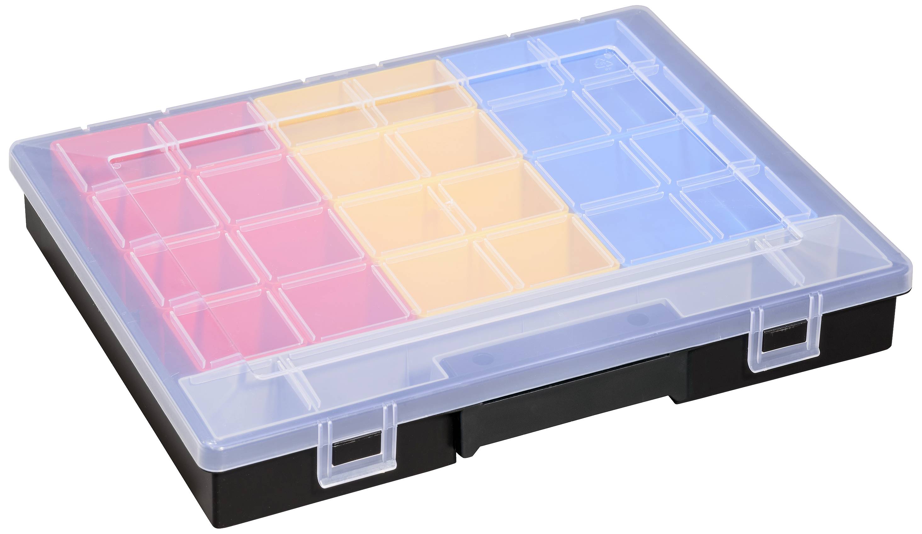 Un organisateur en plastique transparent avec des compartiments jaunes, rouges et bleus pour ranger de petits objets.