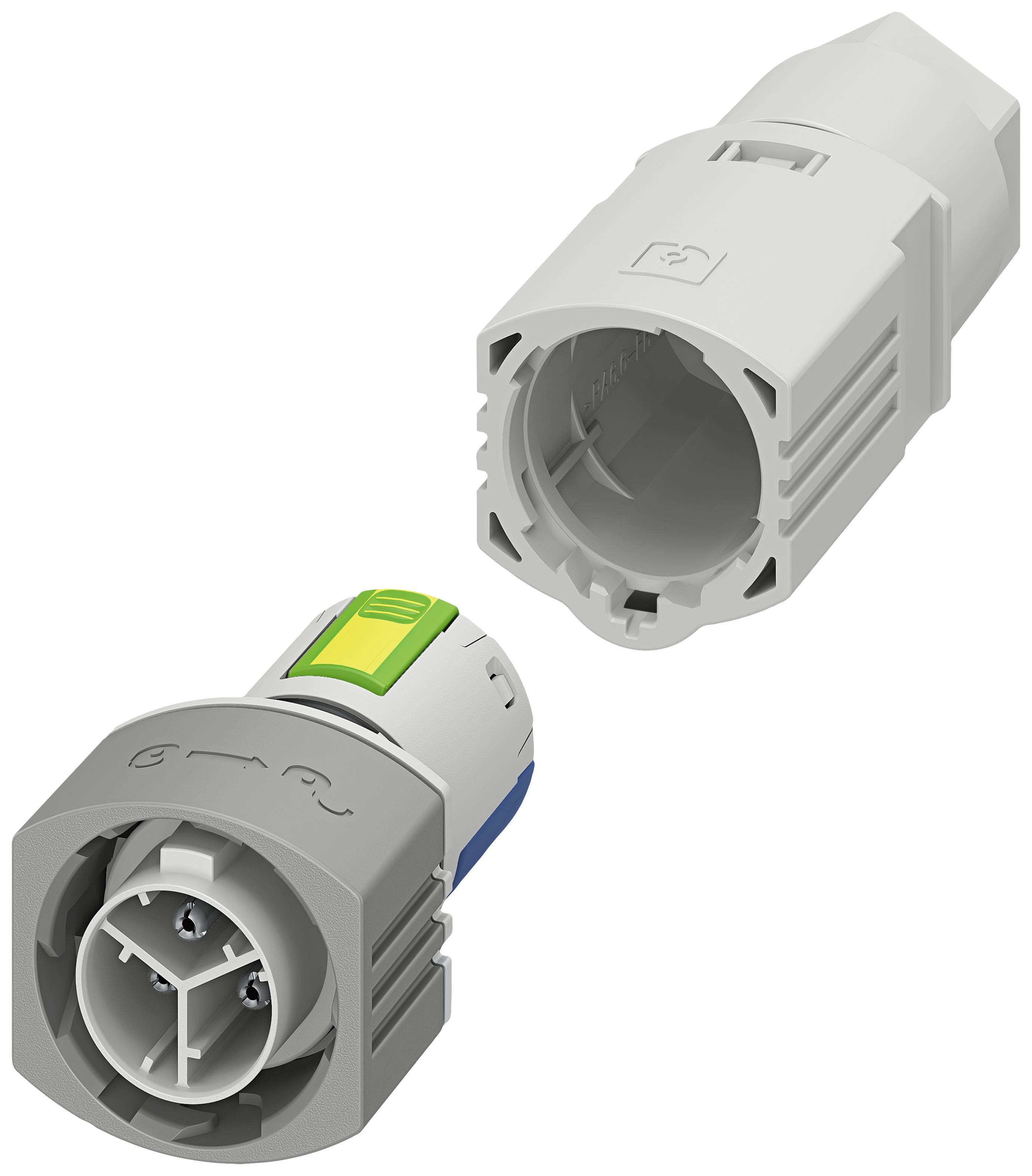 Deux connecteurs cylindriques gris. L'un présente la prise femelle, l'autre la fiche mâle. Ils sont destinés aux connexions électriques.