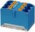 Un bloc de connexion électrique rectangulaire bleu avec des bornes orange, adapté pour le raccordement simple des câbles.