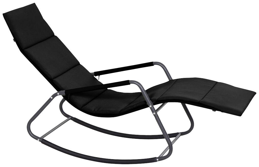 Un fauteuil à bascule noir avec un cadre en métal, rembourré confortablement et doté d'accoudoirs. Idéal pour se détendre à l'intérieur comme à l'extérieur.